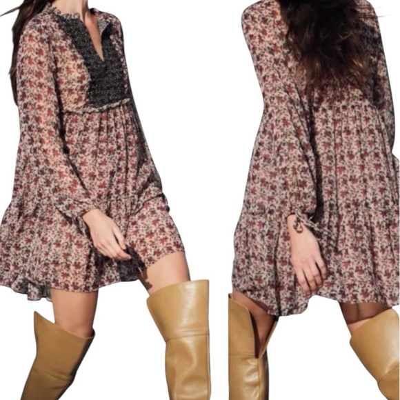New Zara Bohemian Flowy Dress Oversized Popover ~Sold Out~ Puff Sleeves Feminine - Picture 1 of 9
